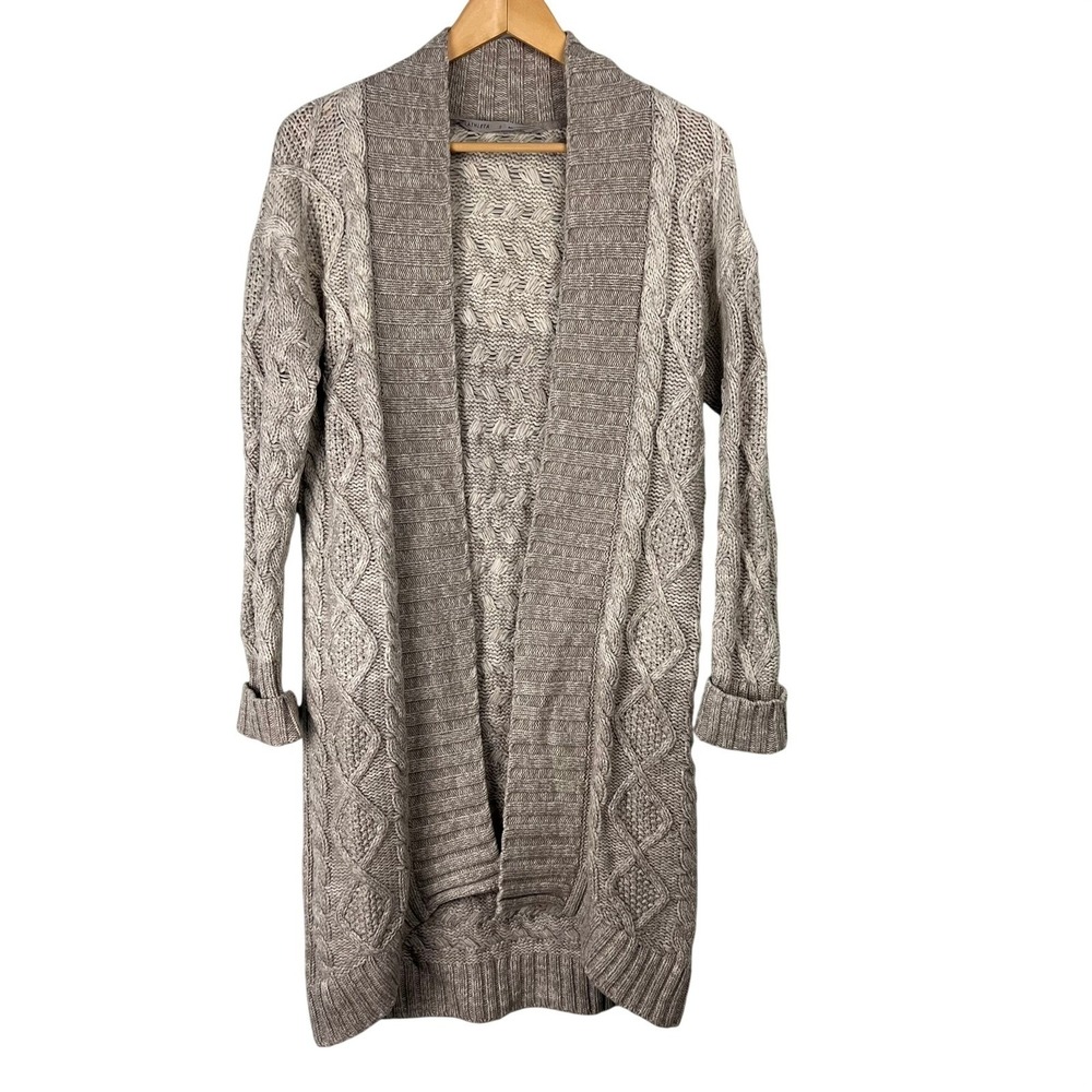 Athleta Cable Knit Long Open Front Cardigan Sweater S Wool Cashmere‎ Longline